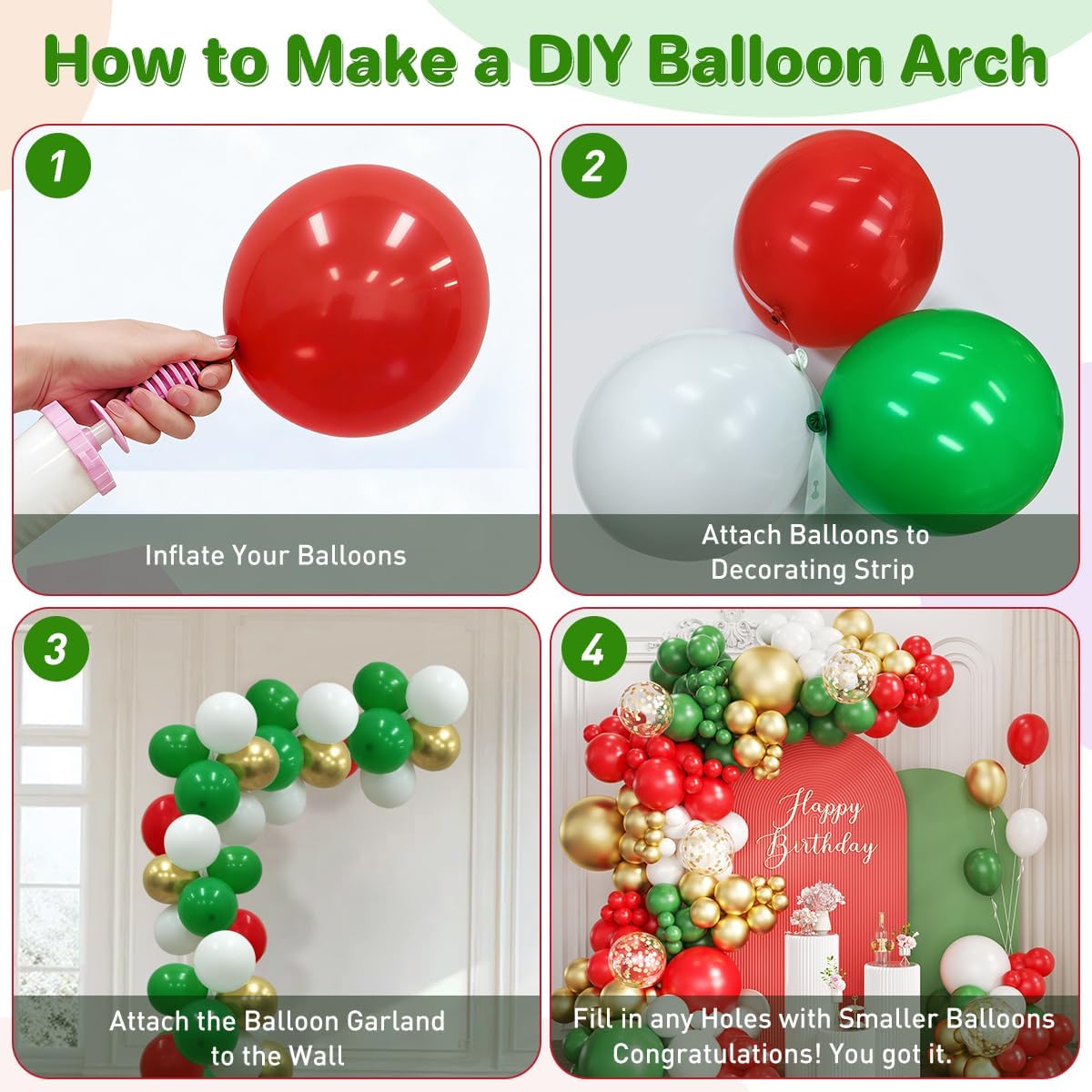 Red White Green and Gold Ballo - Balloon Arch Kit ulasan dan harga